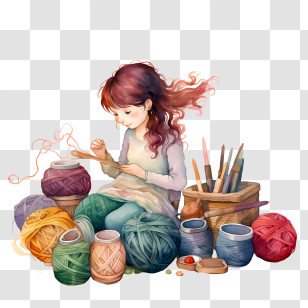 I Love Yarn Day - Girl Knitting With Colorful Yarn Transparent PNG