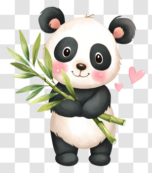 Baby Panda Holding Bamboo - Cute Panda With Bamboo And Hearts Transparent PNG