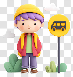 Boy Waiting For School Bus - Cute Kid Waiting At Bus Stop Transparent PNG