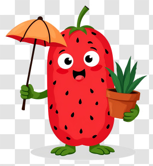 Cartoon Watermelon - Red Fruit With Umbrella And Plant Transparent PNG