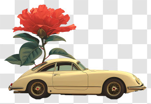 White Car - Vintage Car With Red Rose Illustration Transparent PNG