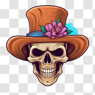 Sugar Skull - Skull With Brown Hat And Flower Decoration Transparent PNG