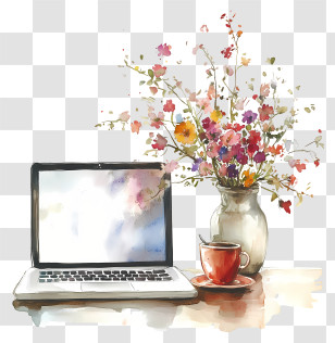 Flower Laptop - Laptop With Floral Arrangement And Coffee Transparent PNG