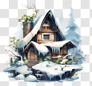 Winter House - Snow-Covered Wooden Cabin Transparent PNG