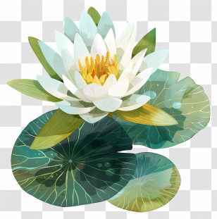 Water Lily - White Water Lily With Green Leaves Illustration Transparent PNG