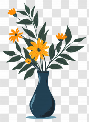 Flowers In Vase - Yellow Flowers In Dark Blue Vase Design Transparent PNG