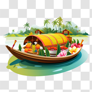 Onam Boat - Colorful Houseboat With Fruits And Flowers Transparent PNG