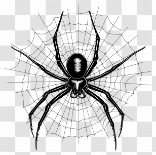 Halloween Spider Web - Creepy Black Spider On A Cobweb Transparent PNG