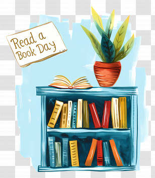 Read A Book Day - Bookshelf With Books And Plant For Read A Book Day Transparent PNG