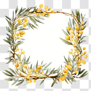 Golden Wattle - Elegant Floral Wreath With Yellow Berries Transparent PNG
