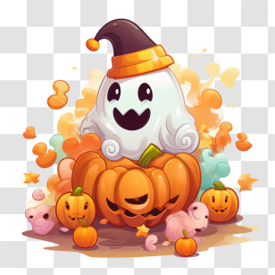 Ghost - Cute Halloween Ghost With Pumpkins Transparent PNG