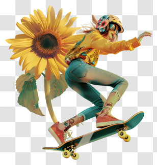 Fashion Girl - Skateboarder With Sunflower Background Transparent PNG