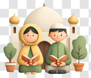 Muslim Couple Reading Al Quran - Reading In Front Of Mosque Transparent PNG