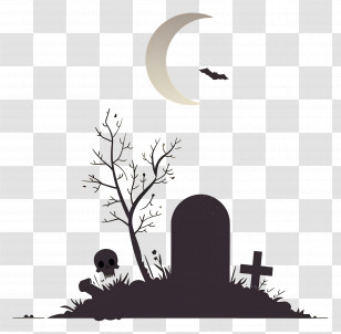Grave - Spooky Graveyard Scene With Moon And Bat Transparent PNG