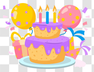 Birthday - Festive Birthday Cake With Balloons And Candles Transparent PNG
