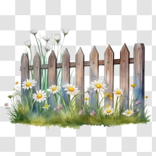 Wooden Garden Fence - Wooden Picket Fence With Wildflowers Transparent PNG