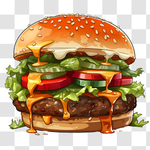 American Burger - Gourmet Burger With Dripping Cheese And Layers Of Toppings Transparent PNG
