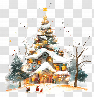 Christmas Card - Christmas Tree And Snowy House Transparent PNG