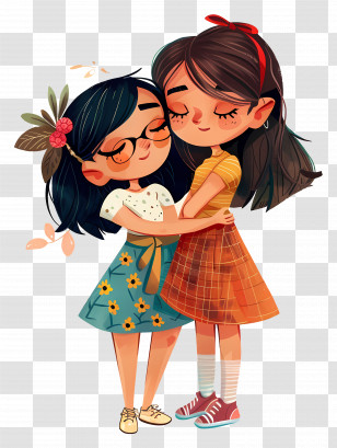 Friendship - Hugging Girls Cartoon Illustration Transparent PNG