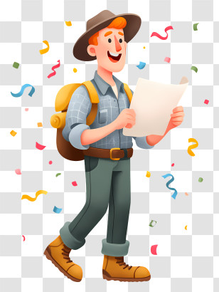 Cartoon Hiker Holding Paper Map - Happy Hiker With Map Transparent PNG