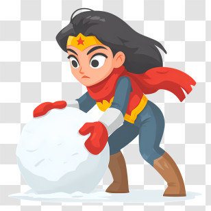 Wonder Woman Pushing Snowball - Superhero With Snowball In Winter Transparent PNG