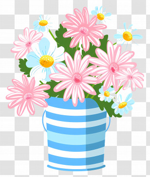 Bouquet Of Daisies - Striped Vase With Pink Flowers Transparent PNG