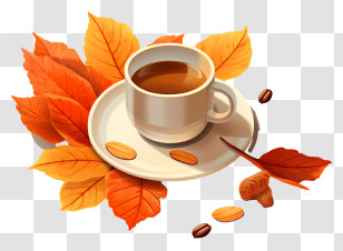 Hot Coffee - Cup Of Tea With Autumn Leaves In Cozy Illustration Transparent PNG