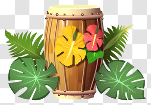 Wooden Drum - Decorative Drum With Colorful Tropical Leaves Transparent PNG