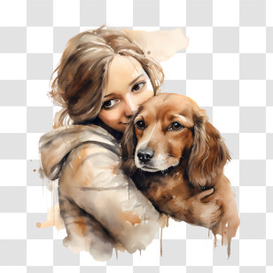 Hug Your Hound Day - Warm Watercolor Illustration Of Girl Hugging Her Dog Transparent PNG