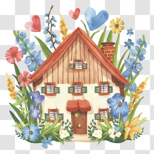House In Garden - Cute House With Flowers And Hearts Transparent PNG