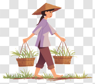 Vietnamese Woman Carrying Baskets - Woman Carrying Baskets In Field Transparent PNG