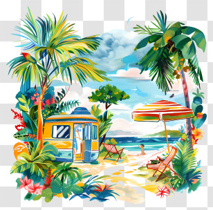 Summer Vacation - Tropical Beach Scene With Camper Van Transparent PNG