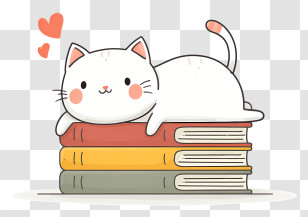 Cat Stretching On Books - White Cat On Books With Hearts Transparent PNG