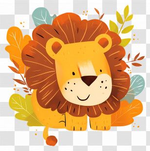 Cute Cartoon Lion - Smiling Cartoon Lion In Autumn Leaves Transparent PNG