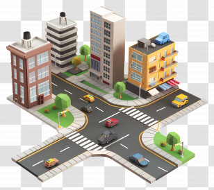 Street Road - Detailed City Crossroad With Buildings And Traffic Transparent PNG