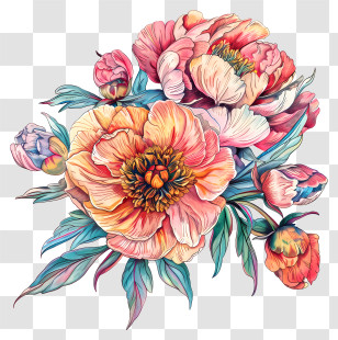 Peonies - Colorful Blooming Flowers In Artistic Design Transparent PNG
