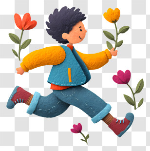 Boy Jumping With Flowers - Running Child With Flowers Transparent PNG