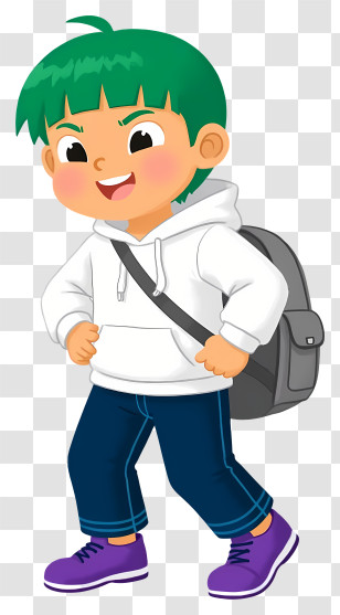 Schoolboy With Backpack - Cartoon Boy With Green Hair Transparent PNG