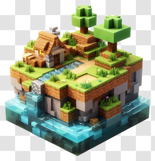 Minecraft - Isometric Fantasy Block Island With House And Trees Transparent PNG