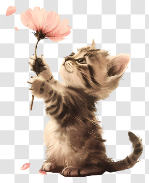 Little Cat Playing Flowers - Kitten Holding A Flower Illustration Transparent PNG