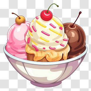 Ice Cream - Delicious Sundae Bowl With Ice Cream Scoops Transparent PNG