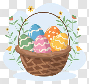 Cartoon - Colorful Easter Egg Basket With Spring Flowers Transparent PNG
