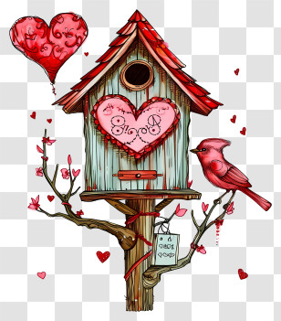 In The Style Of Romantic Illustration - Decorative Birdhouse With Heart Design Transparent PNG