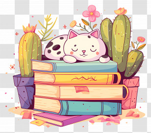 Cat Sleeping On Books - Cozy Cat On Books With Cacti Illustration Transparent PNG