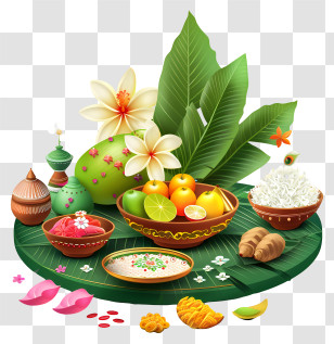 Happy Ugadi - Fruits And Flowers On Leaf Transparent PNG