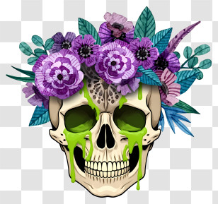 Halloween Skull Flowers - Skull With Purple Flowers And Leaves Transparent PNG
