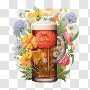 Beer - Floral-Decorated Beer Mug With Fresh Flowers Transparent PNG