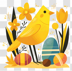 Easter Background - Yellow Bird With Flowers And Easter Eggs Transparent PNG