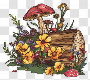 Mushroom Log - Forest Log With Mushrooms And Flowers Transparent PNG