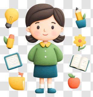 Student Doing Creative Learning - School Girl Surrounded By Educational Items Transparent PNG